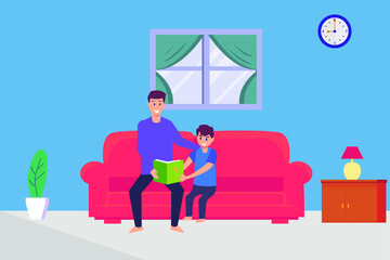 Fatherhood vector concept: Young father and little boy reading the book together on the sofa while enjoying leisure time