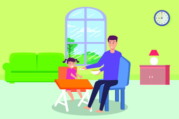 Single parent vector concept: Young father feeding food to his daughter while sitting on the chair