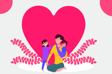Obraz na płótnie Canvas Mother's day vector concept: Young mother and her children sitting with heart shape while celebrating mother's day