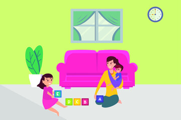 Single parent vector concept: Young mother teaching her daughter alphabet while sitting on th floor