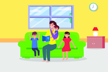 Single parent vector concept: Single mother reading story for her children while sitting on the sofa together