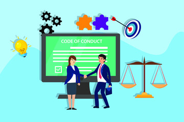 Code of conduct vector concept: Businessman and businesswoman shaking hands with code of conduct background on the computer monitor