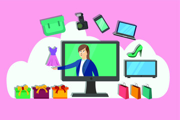 Online sale vector concept: Businesswoman offering fashion and electronic product sale from the computer monitor