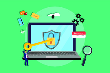 Obraz premium Cyber security vector concept: Businessman open the padlock with a key on the laptop screen