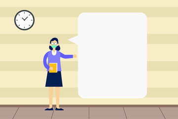 Copyspace vector concept: Female lecturer wearing facemask holding a book standing next to a blank text bubble for your text