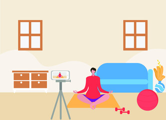 Yoga online vector concept: Yoga instructor creating an online yoga lesson video on a mobile phone