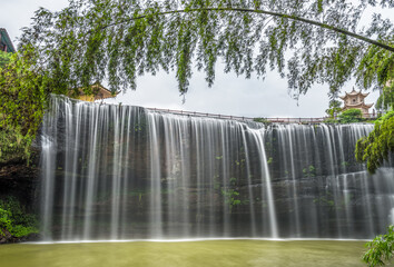 Close-up of waterfall scenery in bamboo forest