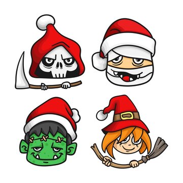 set of head halloween characters wearing santa hat. vector illustration