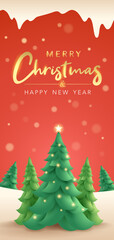 Merry Christmas. Vertical winter landscape background with Christmas tree.