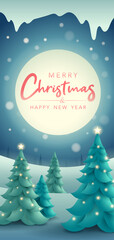 Merry Christmas. Vertical winter landscape background with Christmas tree.