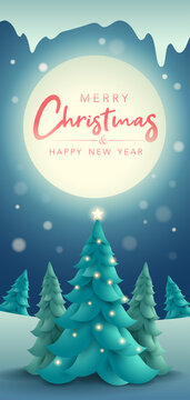 Merry Christmas. Vertical winter landscape background with Christmas tree.