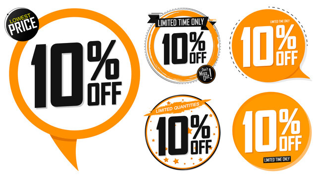 Set Sale 10% off banners, discount tags design template, promo app icons, vector illustration