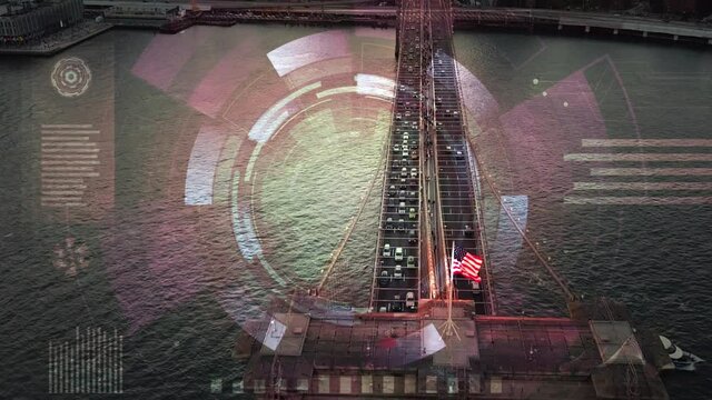 Futuristic HUD look over the Brooklyn bridge, towards the Manhattan skyline, in NYC, USA - 3d render animation