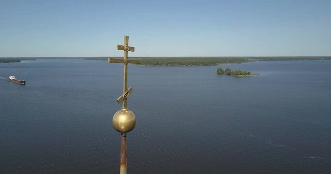 4K high quality aerial video footage of partly submerged Nikolskiy/St. Nicholas Сathedral bell tower off the shore Kalyazin town on great Volga River, Golden Ring route 200 km from Moscow, Russia