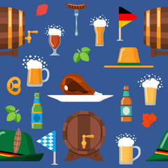 Beer color seamless pattern. Glass of beer, wooden barrel, hat, food and hops in flat style. Oktoberfest. Design for wallpapers, fabrics, gift wrapping papers, textiles, web. Vector illustration.
