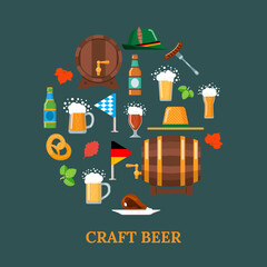 Craft beer concept with glasses, mugs, hats, hops, leaves, flags, barrels, eisbein, pretzel and sausage. Oktoberfest. Element for your design works. Vector illustration.