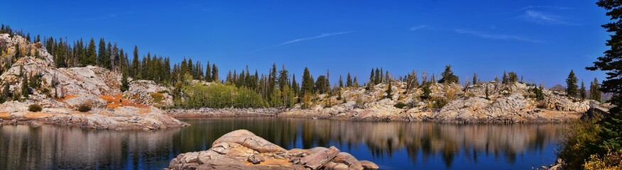 Lake Mary Marth Catherine panorama views from hiking trail to Sunset Peak on the Great Western Trail by Brighton Resort. Rocky Mountains, Wasatch Front, Utah. United States. © Jeremy