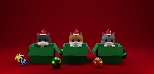 3D rendering concept illustration of a cute tabby cat in a cardboard box with many decoration balls Christmas celebration