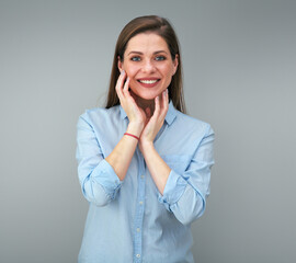 Happy young woman with big toothy smile.