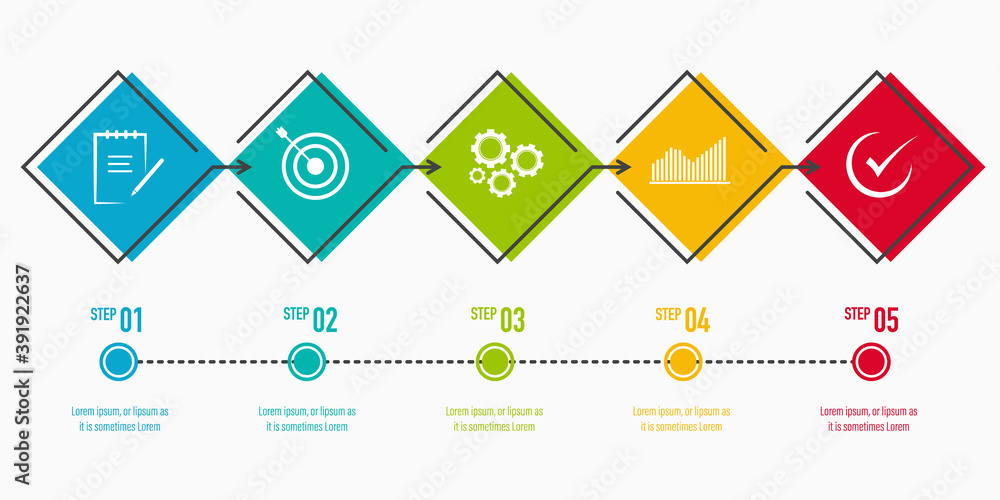 Aufkleber modern infographics design with 5 options with business icons and text box, presentation and web tem