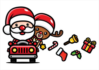 santa claus characters and cute deer driving the car