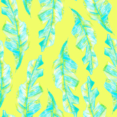 Fototapeta na wymiar watercolor blue leaves seamless pattern on yellow background