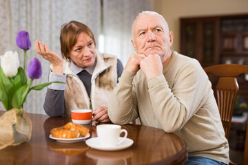 Elderly couple quarreling at home. High quality photo