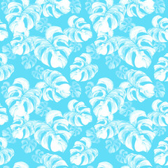 Fototapeta na wymiar blue floral seamless pattern with watercolor monstera leaves in pastel colors. Delicate light tropical print. Soft pastel background.