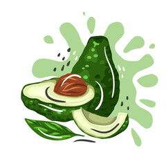 Hand drawn flat avocado with abstract lines and dots on green splash. Healthy food. Vegetable for vegetarianism. Vector trending illustration for menus, banners, postcards and your designs.