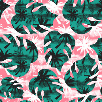 seamless tropical pattern with monstera leaves and pink background with palm trees © AineGing