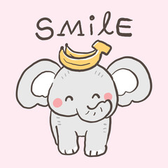 Vector Illustration of Cartoon Elephant with Bananas on the Head and Word 'SMILE' on Isolated Background