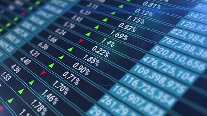 Stock market or stock exchange information with data of price, change, and volume. Animation. Financial indexes of stock companies change up and down over time market wall. - Powered by Adobe