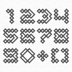 Font of interwoven strips. One, two, three, four, five, six, seven, eight, nine, zero, plus, brackets black relief figures on a white patterned background.