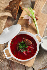 Bowl of red beet root soup borsch