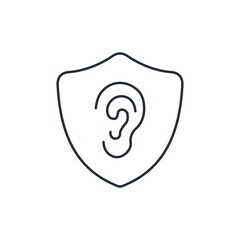 A shield with the image of a human ear. Protect against harmful media sound information or noise isolation. Vector linear icon isolated on white background.