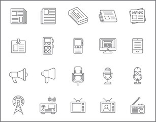 Fototapeta premium Set of news and journalism line style. It contains such Icons as camera, newspaper, news van, microphone, TV tower, satellite, reporting, media, communication and other elements.