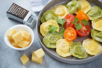 Close-up of italian ravioli with grated parmesan cheese and cherry tomatoes, studio shot