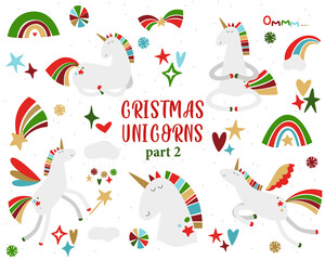 Christmas Unicorns. Magic winter holiday set. Collection of fairy new year characters ant celestial elements. Christmas rainbow, stars, hearts, sparkle, shine.