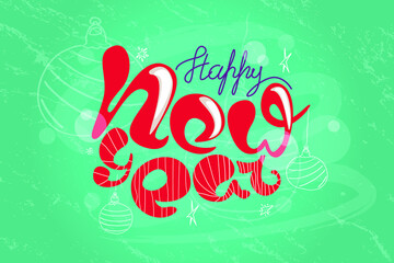 Happy new year red handwritten text. Celebration lettering with decorations and snowflakes. Invitation card, banner postcard, logo, sales concept. 