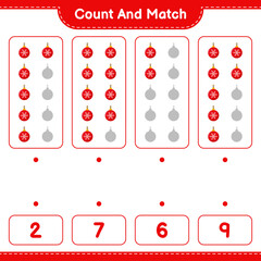 Count and match, count the number of Christmas Balls and match with right numbers. Educational children game, printable worksheet, vector illustration