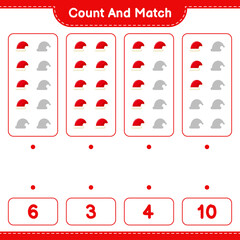Count and match, count the number of Santa Hat and match with right numbers. Educational children game, printable worksheet, vector illustration