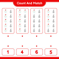 Count and match, count the number of Snowman and match with right numbers. Educational children game, printable worksheet, vector illustration