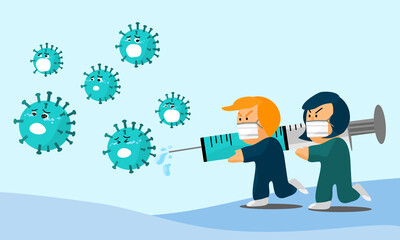 Vaccines for COVID-19, two doctor holding syringe for killing virus.