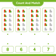 Count and match, count the number of Gift Boxes and match with right numbers. Educational children game, printable worksheet, vector illustration