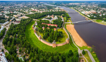 Fototapeta premium View of the beautiful ancient Veliky Novgorod, the old part of the city and the Kremlin in summer from a height.