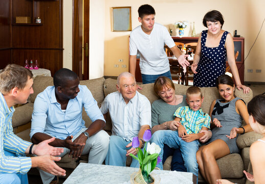 Meeting of relatives and guests of large friendly family at home. High quality photo