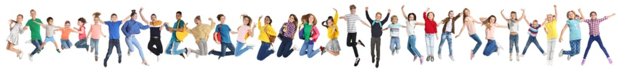 Obraz premium Collage with photos of jumping children on white background. Banner design