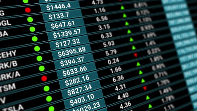 Digital tableau of stock market values, companies indexes evolving, growing and or shrinking.