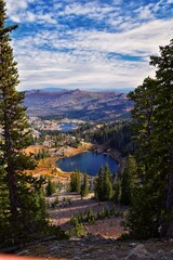 Lake Mary Marth Catherine panorama views from hiking trail to Sunset Peak on the Great Western...