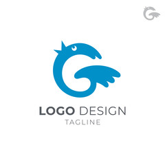 Little bird initial letter G logo concept, simple flat cute animal cartoon logo style, blue color on white background